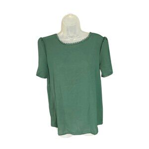 Lace-Trim Button-Back Blouse Round Neck Short Sleeve V-Back Crepe Green Size M